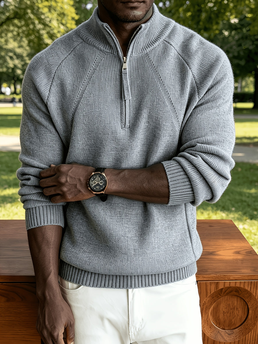 Men's Business Casual Quarter Zip Knit Pullover, Raglan Sleeve Textured Ribbed Trim Slim Fit Sweater for Fall Winter Daily Office & Weekend Outings - Medium Grey