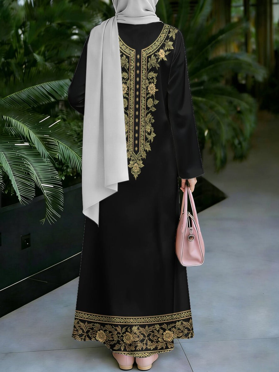 New Middle Eastern Style Muslim Elegant Robe, Featuring Middle Eastern Ethnic Print And Long Dress Design, Suitable for Eid Al-Fitr And Eid Al-Adha, This Loose, Comfortable, And Breathable Long Sleeve Dress Is Perfect for Commuting And Vacation - Mixed colors