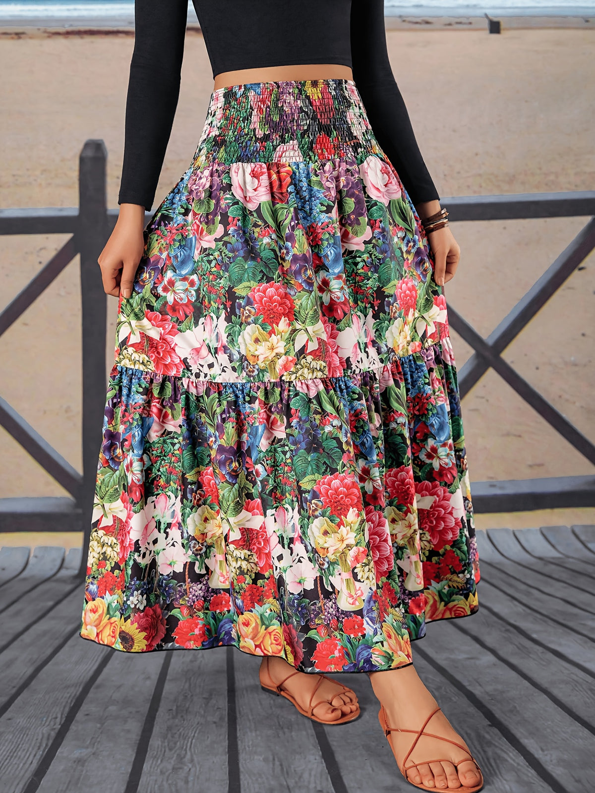 Women'S High-Waisted Shirred Tiered Floral Maxi Skirt, Bohemian Chic Flowy A-Line Long Skirt, Casual Summer Beach Vacation Swing Skirt, Suitable for Everyday Wear - 【Multi Color】