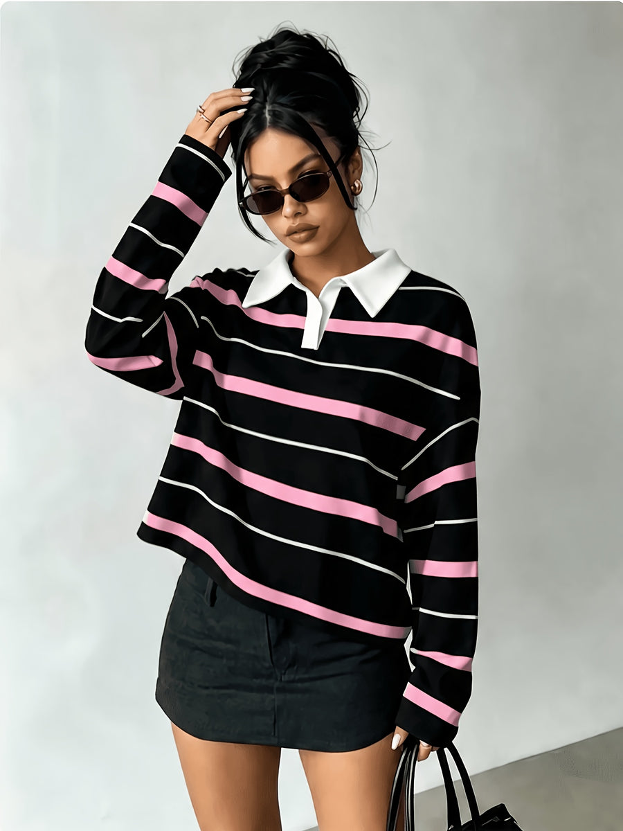 [Printed Design – Not Textured] Women's New Long-Sleeve Fashionable and Versatile Polo Shirt, American Vintage Striped Style in Black, Light Blue, and White Contrasting Horizontal Stripes with White Collar and Printed Long Sleeves. A Flattering - Pink Color