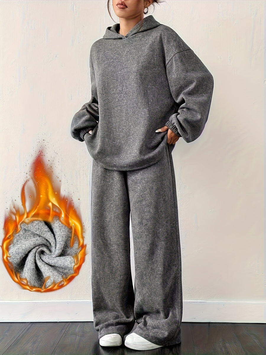 European and American Autumn Winter Loose Solid Color Hooded Sweatshirt Straight Leg Pants Casual Sportswear Set - Black Gray