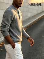FORLENGKE Men's Intercity Light Travel Relaxed Style Textured Knit Henley Neck Sweater, Half-Open Collar Design Balances Formal and Casual, Durable Dense Knit Construction, Suitable for Autumn/Winter Short-Distance Business Trips, Road Trips - Clip Grey