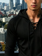 [Josh Mei OBM] Sexy Men'S Nightclub Style Deep V-Neck Lace-Up Hooded Top, Slimming And Flattering, Date Party Statement Piece, Bad Boy Style - Black