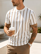 Men'S White Vertical Stripe T-Shirt with Brown Line Print - Lightweight Breathable Crew Neck Short Sleeve, Suitable for Gym & Casual Wear, Machine Washable Summer Street Style Top, Athletic Regular Fit for Outdoor Activities - White