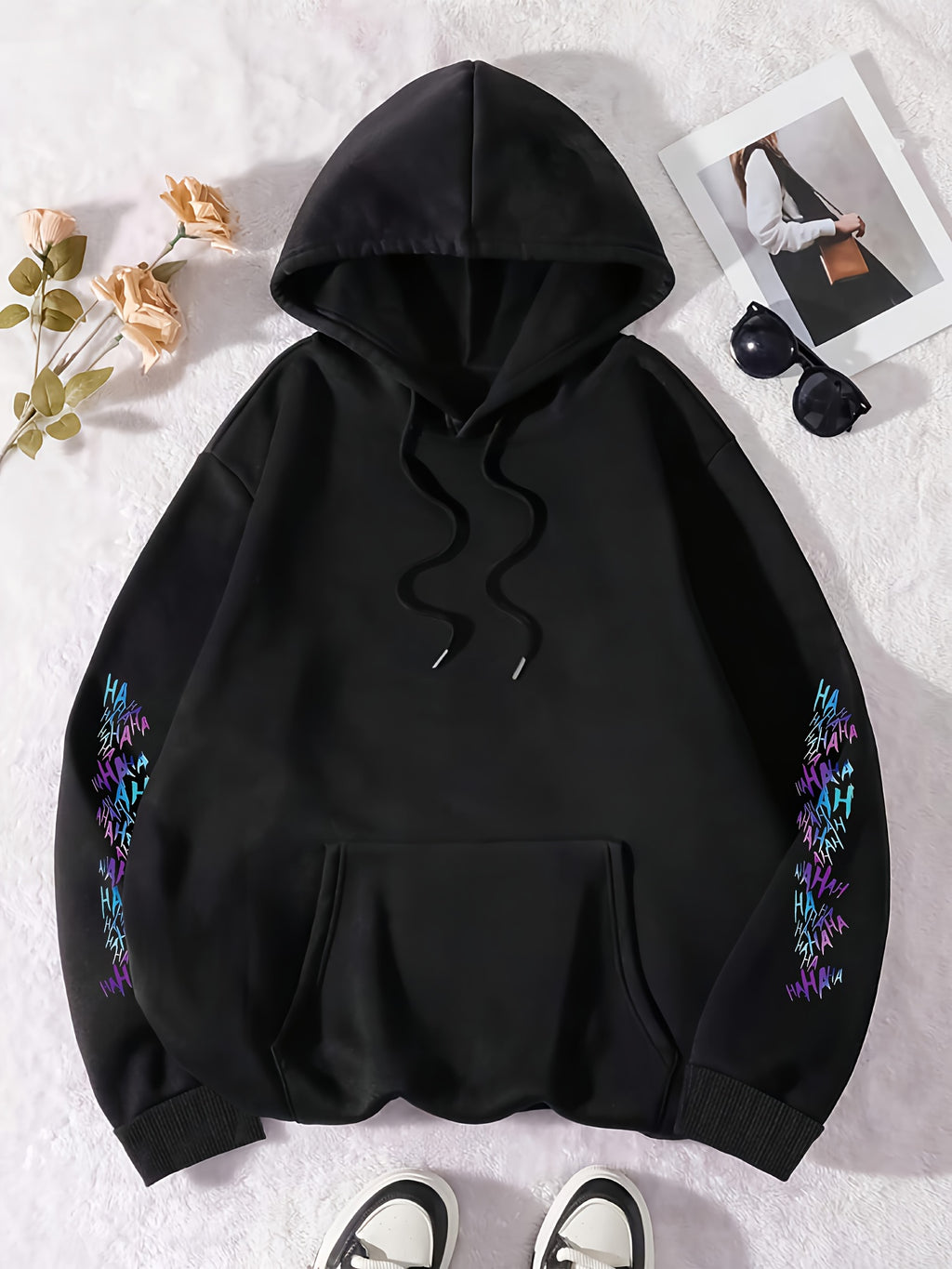 Cartoon and Animation Printed Single Piece Loose Casual Hooded Tri Luo Fashion Women's Hoodie Sweatshirt - Black