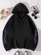 Cartoon and Animation Printed Single Piece Loose Casual Hooded Tri Luo Fashion Women's Hoodie Sweatshirt - Black