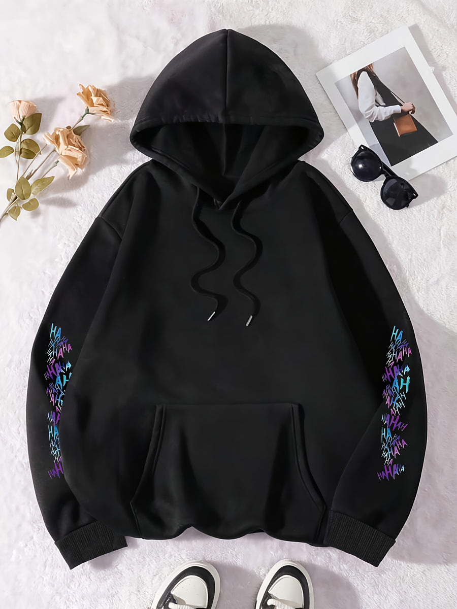 Cartoon and Animation Printed Single Piece Loose Casual Hooded Tri Luo Fashion Women's Hoodie Sweatshirt - Black
