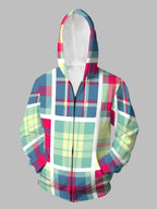 Men'S Autumn Winter Zipper Hooded Sweatshirt Retro Plaid Pattern Collage Print Casual All-Match Top - Mixed colors