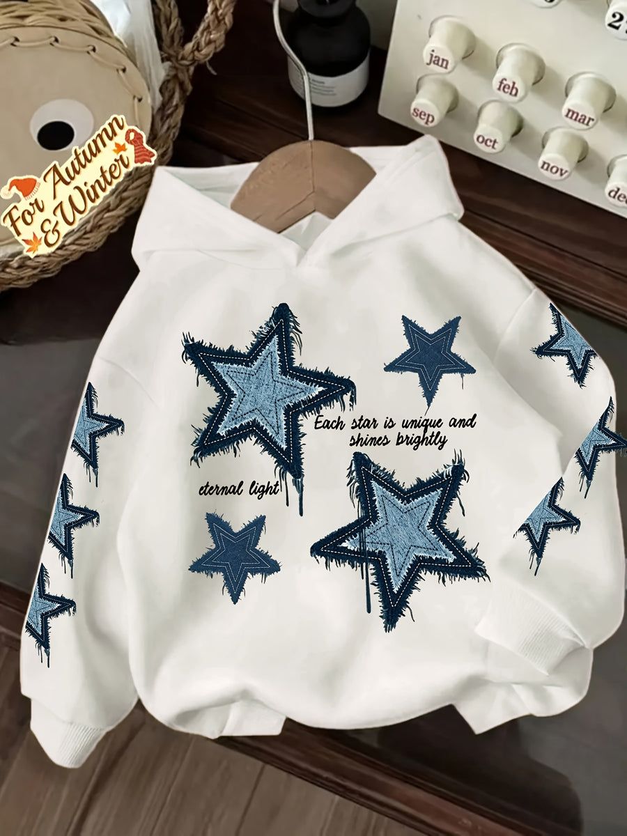 Vintage Denim Fringe Star Hooded Sweatshirt with All-Over Five-Pointed Star Print, a Versatile Casual Hoodie Top for Spring and Autumn - White