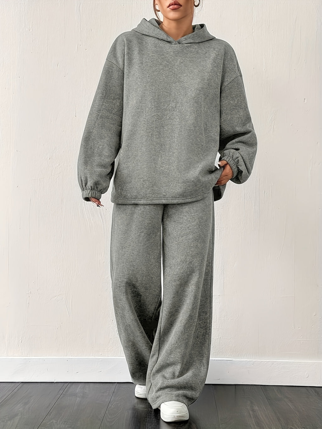 European and American Autumn Winter Loose Solid Color Hooded Sweatshirt Straight Leg Pants Casual Sportswear Set - Grey