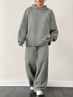 European and American Autumn Winter Loose Solid Color Hooded Sweatshirt Straight Leg Pants Casual Sportswear Set - Grey