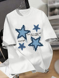 1011 Launch Four-Star Art Pattern Print Women's T-Shirt, Round Neck Summer Fashion Art Tee, Casual Sweetheart Everyday Top - White