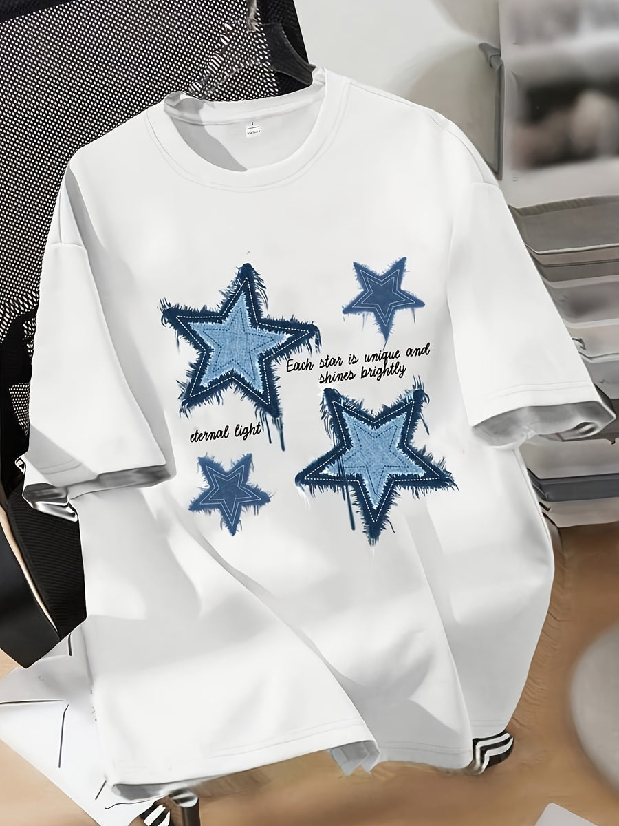 1011 Launch Four-Star Art Pattern Print Women's T-Shirt, Round Neck Summer Fashion Art Tee, Casual Sweetheart Everyday Top - White