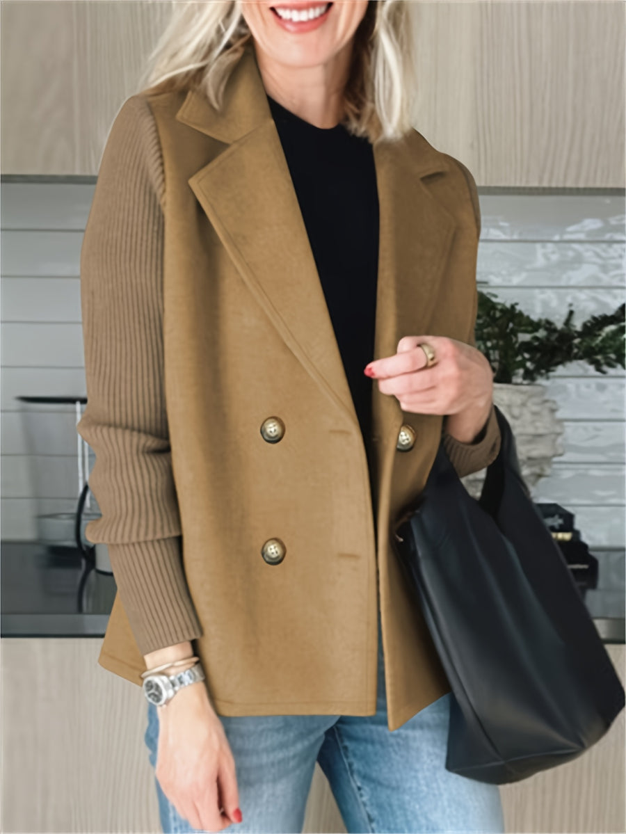 New European and American Women's Suit Jacket, Fashionable and Elegant Fabric Patchwork Double-Breasted Tweed Coat for Women - Khaki