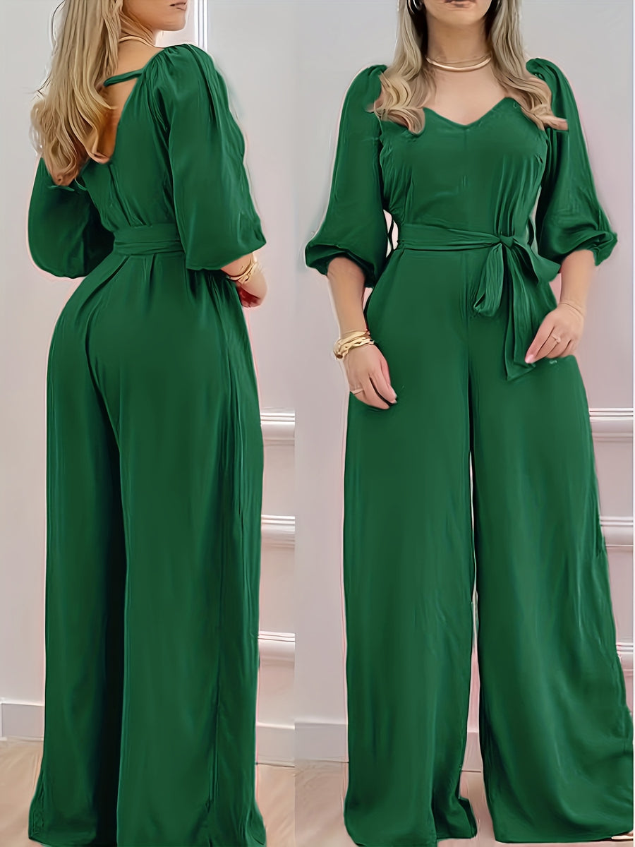 Women's Summer Casual V-Neck Tie-Waist Jumpsuit - Lightweight Breathable Wide-Leg Pantsuit, Machine Washable Solid Color Versatile Outfit for Beach, Brunch & Daytime Events, Smooth Texture Fabric, Beach Attire, Easy Care, Vacation Wear - Green