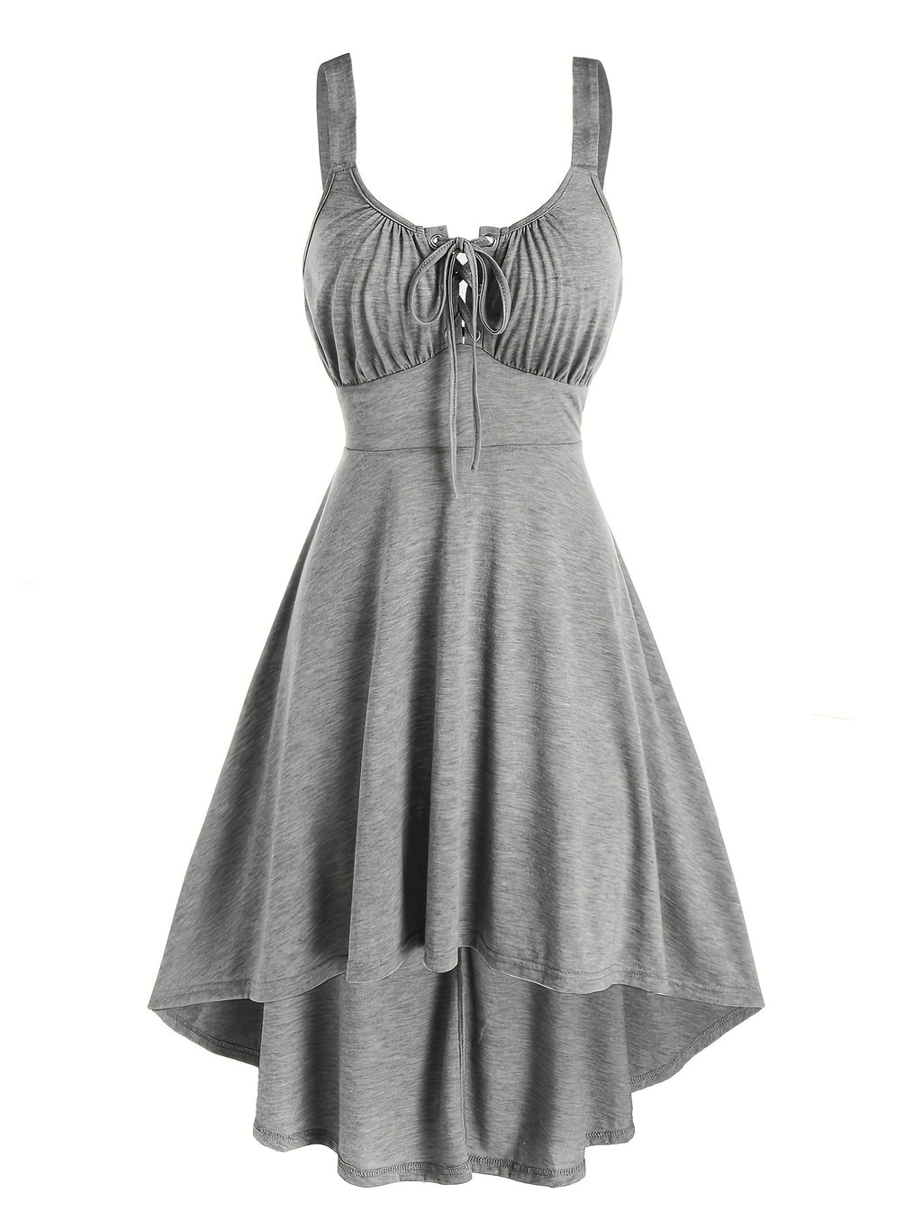 Casual Solid Color, Front Cross Straps with Eye Hook Design, Retro Bust Contour, Short Front Long Back Comfortable Casual, Home, Vacation Dress, Targeted Development - Grey