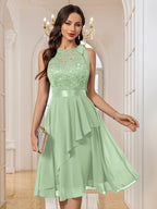 84170A Women's Elegant Round Neck Bow Tie Detail Back Cut-Out Sequin Lace Patchwork Chiffon Asymmetrical Ruffle Hem Midi Party Gown Evening Dress - Mint Green