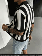 Men'S Knit Short Sleeve Color-Block Pinstripe Polo Collar Casual Loose Business Commute Knit Pullover Top - Black