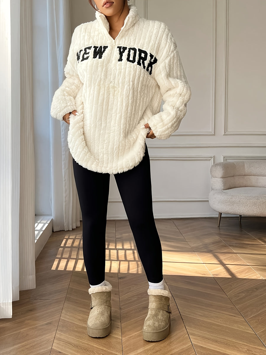 Autumn-Winter Warm Women's Letter Embroidered Stand Collar Zipper Double-Sided Pullover, Elegant Solid Color Top Coat for Women - Apricot