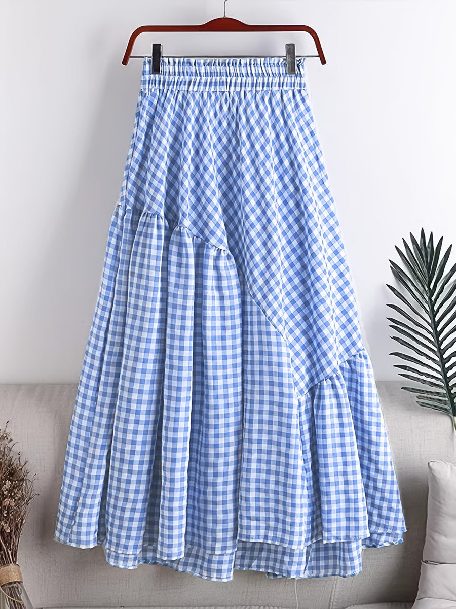 Women'S Elegant Fashion Casual Skirt, A-Line Irregular Checkered Print High-Waist Skirt, Cute And Trendy Versatile Skirt, Comfortable Fabric, Machine Washable, Suitable for Travel, Vacation, And Outings - Blue