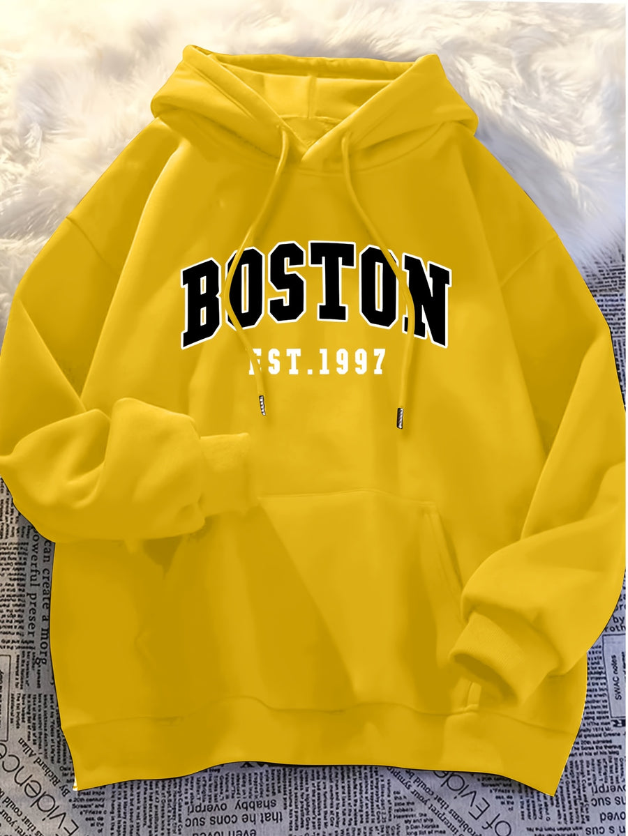Minimalist Style Boston Letter Print Men'S Hooded Sweatshirt Regular Fit, Casual Long Sleeve Pullover - Yellow