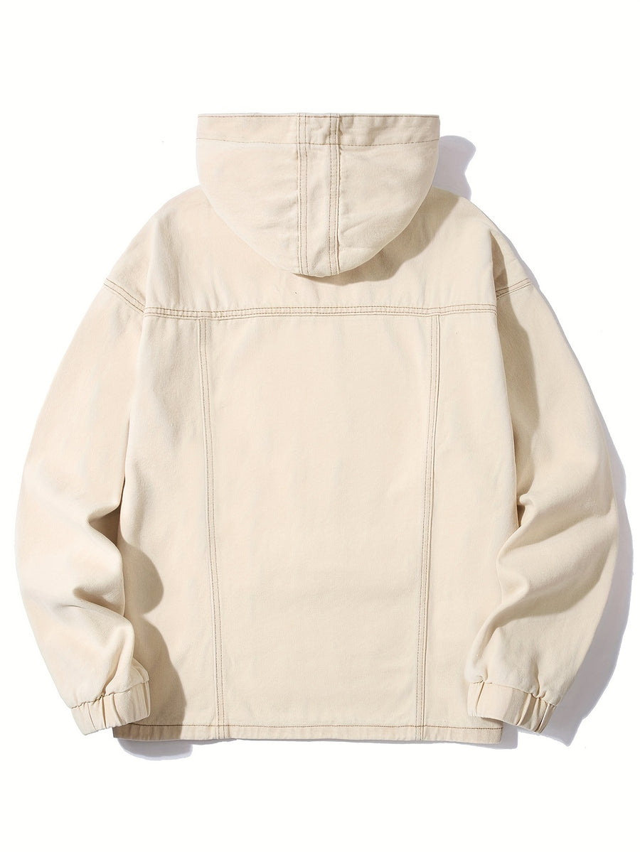 YASUYUAN Men's Light Color Denim Hooded Jacket - Loose Fit -Blend (Suitable for all-Season Wear) with Shrunk Hem & Sleeve Roll, Casual Outerwear, Machine Washable Denim Coat - Khaki