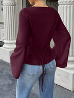Women'S Solid Back Tie Flared Sleeve Blouse - Reddish Purple