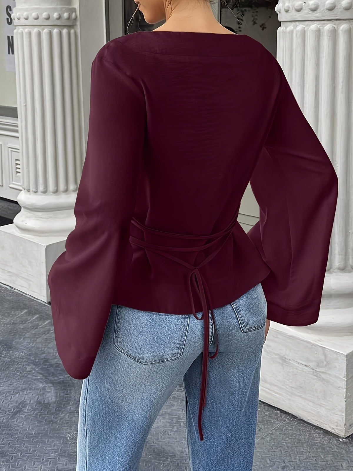Women'S Solid Back Tie Flared Sleeve Blouse - Reddish Purple