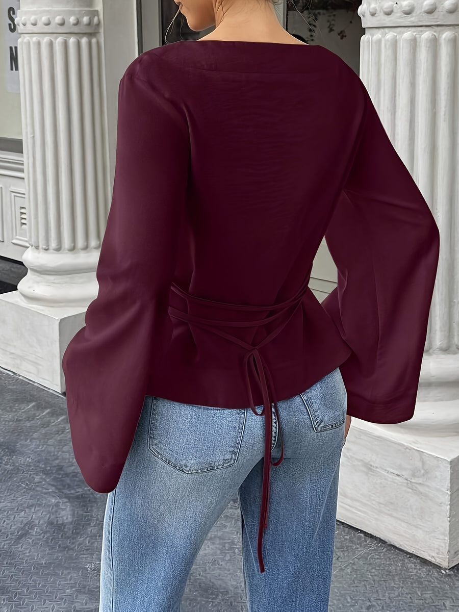 Women'S Solid Back Tie Flared Sleeve Blouse - Reddish Purple