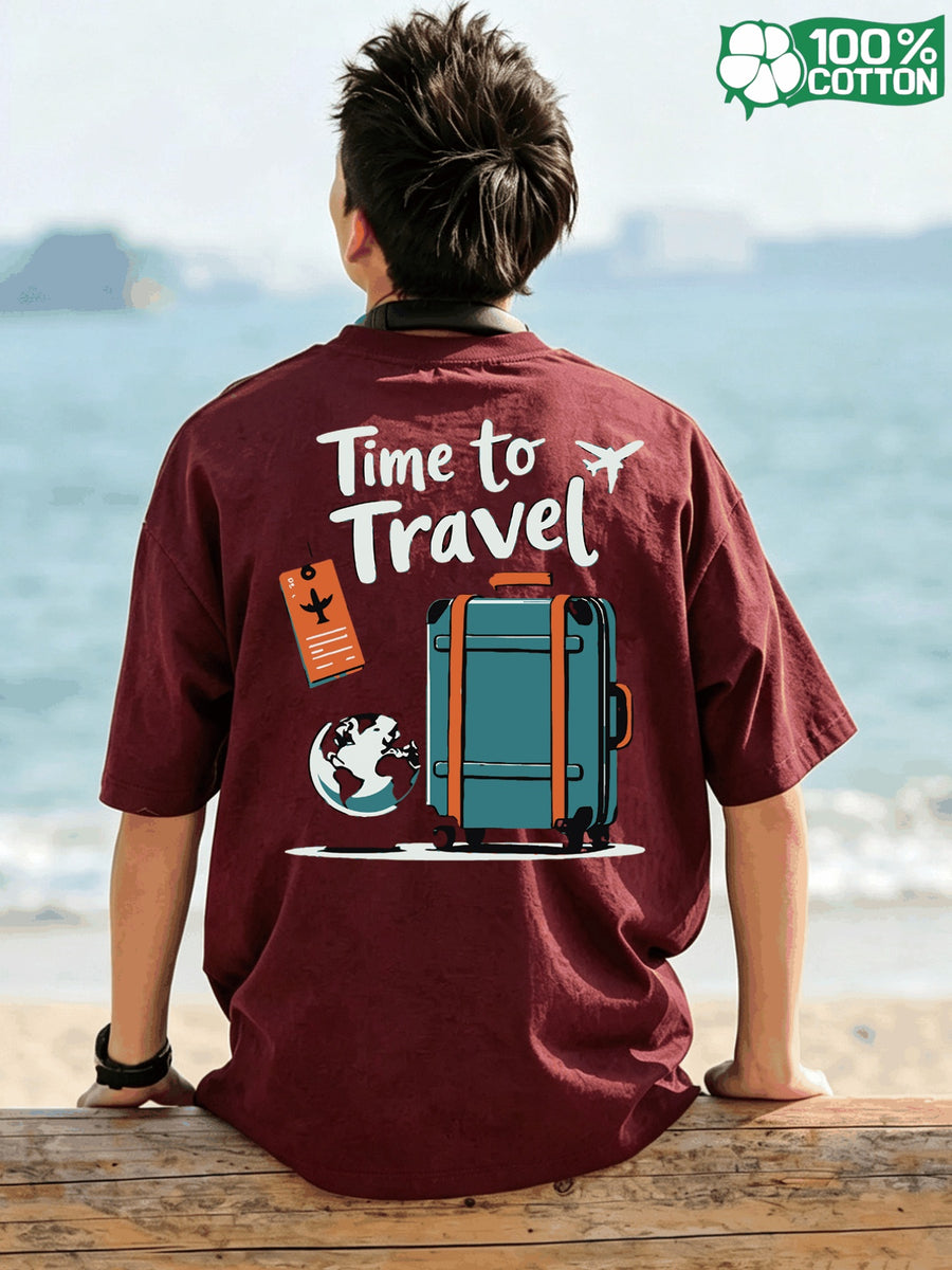 Short Sleeve T-Shirt Top, Crew Neck, Pure Cotton, Crew Neck, Popular Summer Travel Time, Suitcase, Globe, Luggage Tag Illustration Design, Versatile Style, Holiday, Breathable Pattern Print, New Summer Fabric, Comfortable for Daily Outings - Burgundy color
