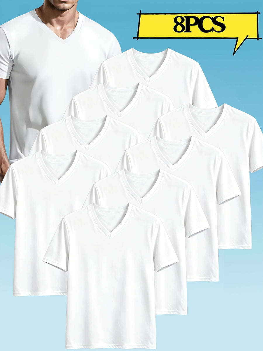 8pcs Men's Casual Knit Ribbed V-Neck T-Shirt / Soft and Comfortable Fabric / Short Sleeve / Solid Color / Crew Neck / Back-to-School Season, Casual Sporty Design Top, Multiple Colors Available, Suitable for Summer Daily Wear - White