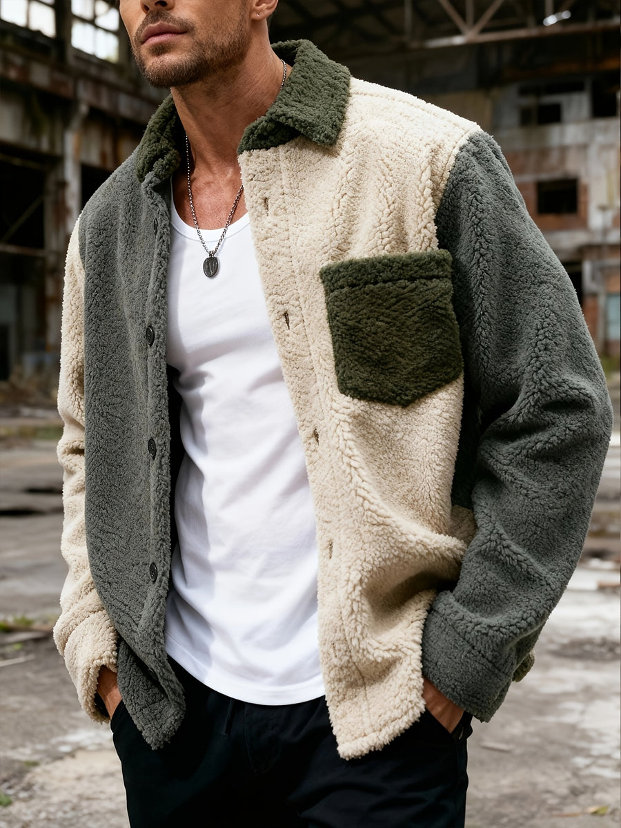 Men's Three-Color Contrast Patchwork Fashion Plush Jacket, Winter Knitted Plush Jacket with Pockets and Button Design, a Warm Top Suitable for Men's Daily Casual Wear, a Versatile Outerwear for Daily Commuting, a Gift for Men - Green