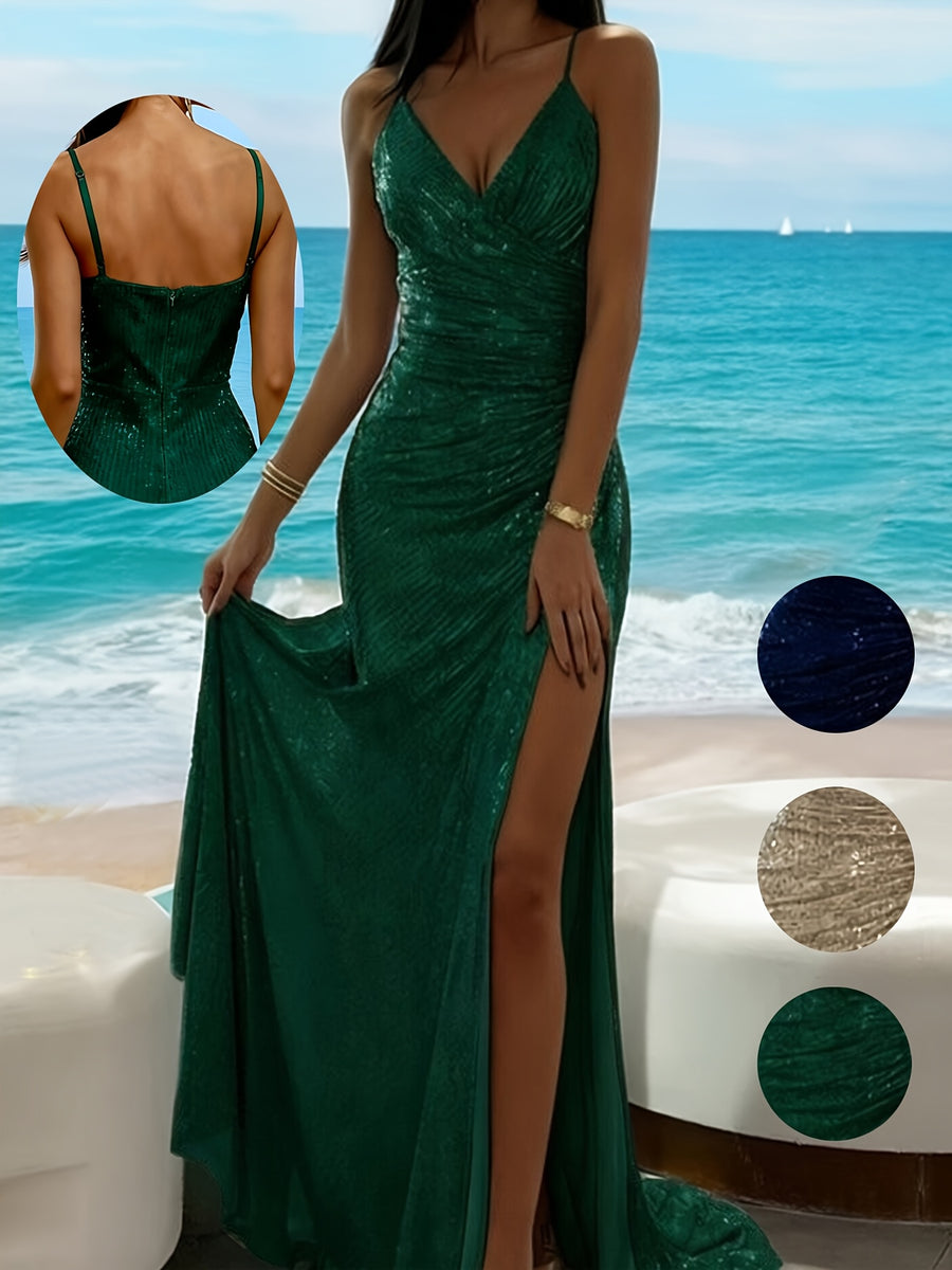 Elegant European and American Style Sequined Spaghetti Strap V-Neck Asymmetrical Ruched High Slit Evening Gown for Ladies, High-End Banquet and Annual Meeting Host/Bridesmaid Dress for Birthday Parties and Balls - Green