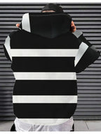 Men'S Autumn Lightweight Casual Hooded Top with Drawstring And Pocket, Black And White Striped Artistic Pattern, Suitable for Shopping, Outings, Social Gatherings, And Various Occasions - Mixed colors
