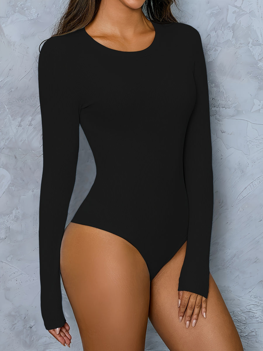 Basic Ribbed Bodysuit with Long Sleeves, Round Neck, Form-Fitting Design, Suitable for Wearing As a Versatile Layering Top - Black