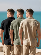 3pcs Men's Linen Shirts, Summer Lightweight Breathable Short Sleeve Sport Outdoor Solid Color Simple Style Casual Shirts - Black Green Card