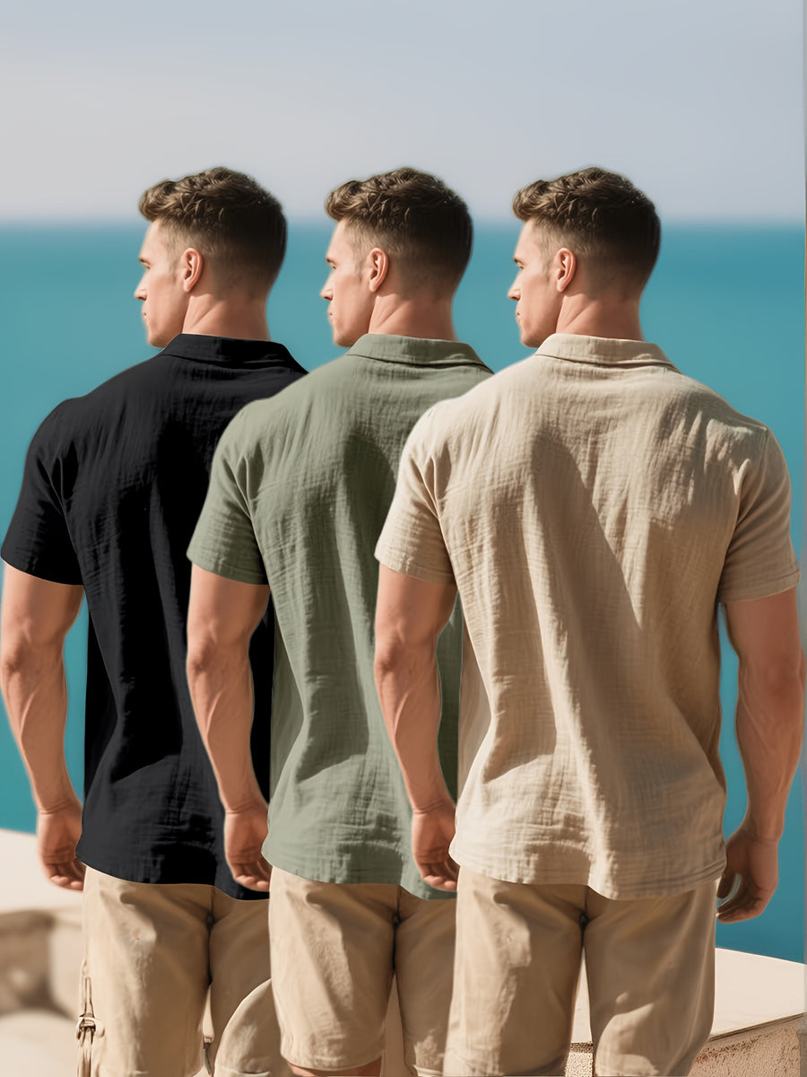 3pcs Men's Linen Shirts, Summer Lightweight Breathable Short Sleeve Sport Outdoor Solid Color Simple Style Casual Shirts - Black Green Card