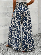 Summer Elegant Chic Romantic Women'S Printed Ruffled Waistband Wide-Leg Casual Loose Vacation Trousers with Fake Drawstring Casual Style - Apricot