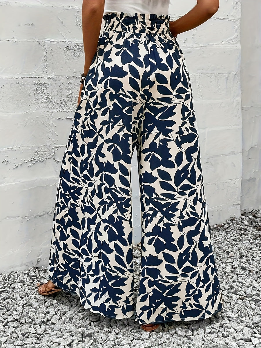 Summer Elegant Chic Romantic Women'S Printed Ruffled Waistband Wide-Leg Casual Loose Vacation Trousers with Fake Drawstring Casual Style - Apricot
