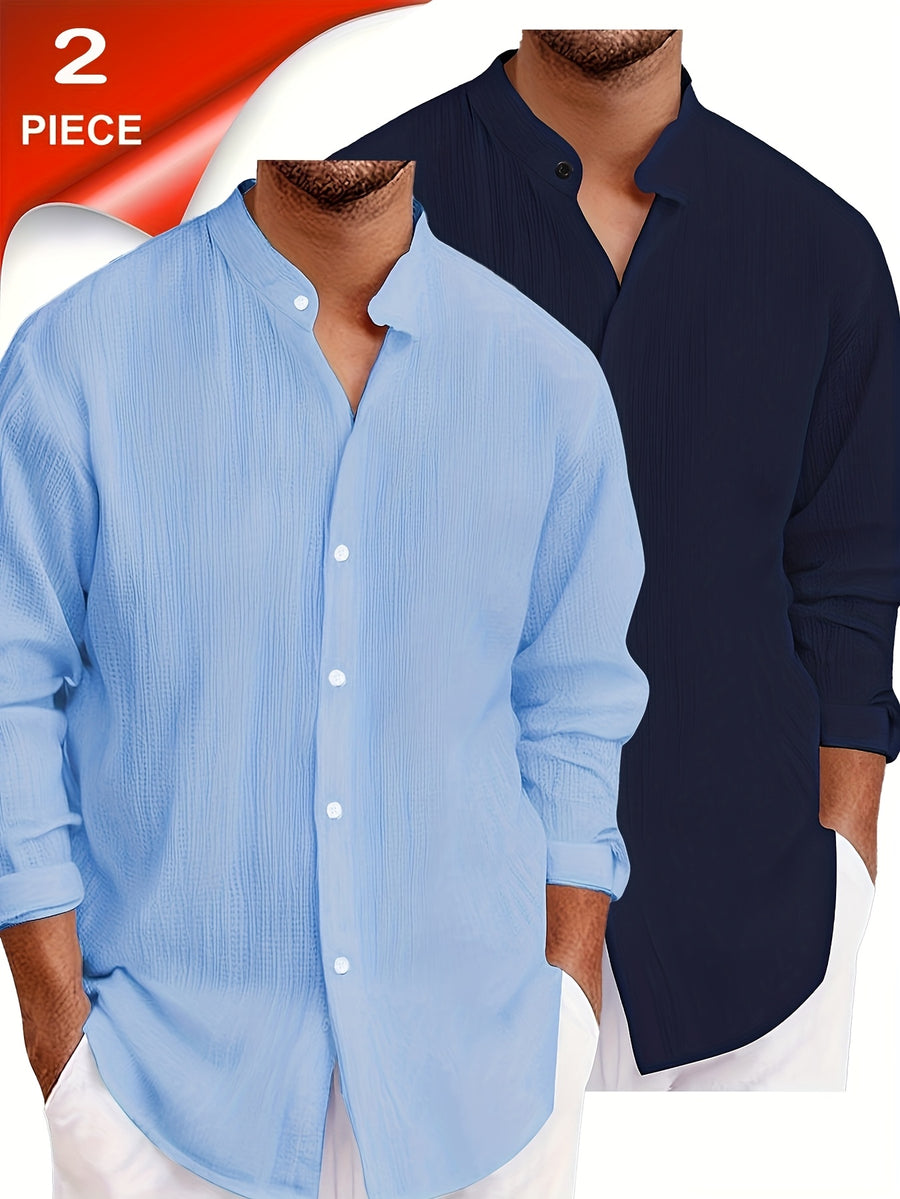 Pearson OBM 2pcs Men's Casual Fashion Simple Solid Color Textured Fabric Long-Sleeve Button-Up Shirt, Cool and Comfortable, Suitable for Daily Leisure and Outings, Essential for Spring and Autumn - Sky Blue + Navy Blue Combination
