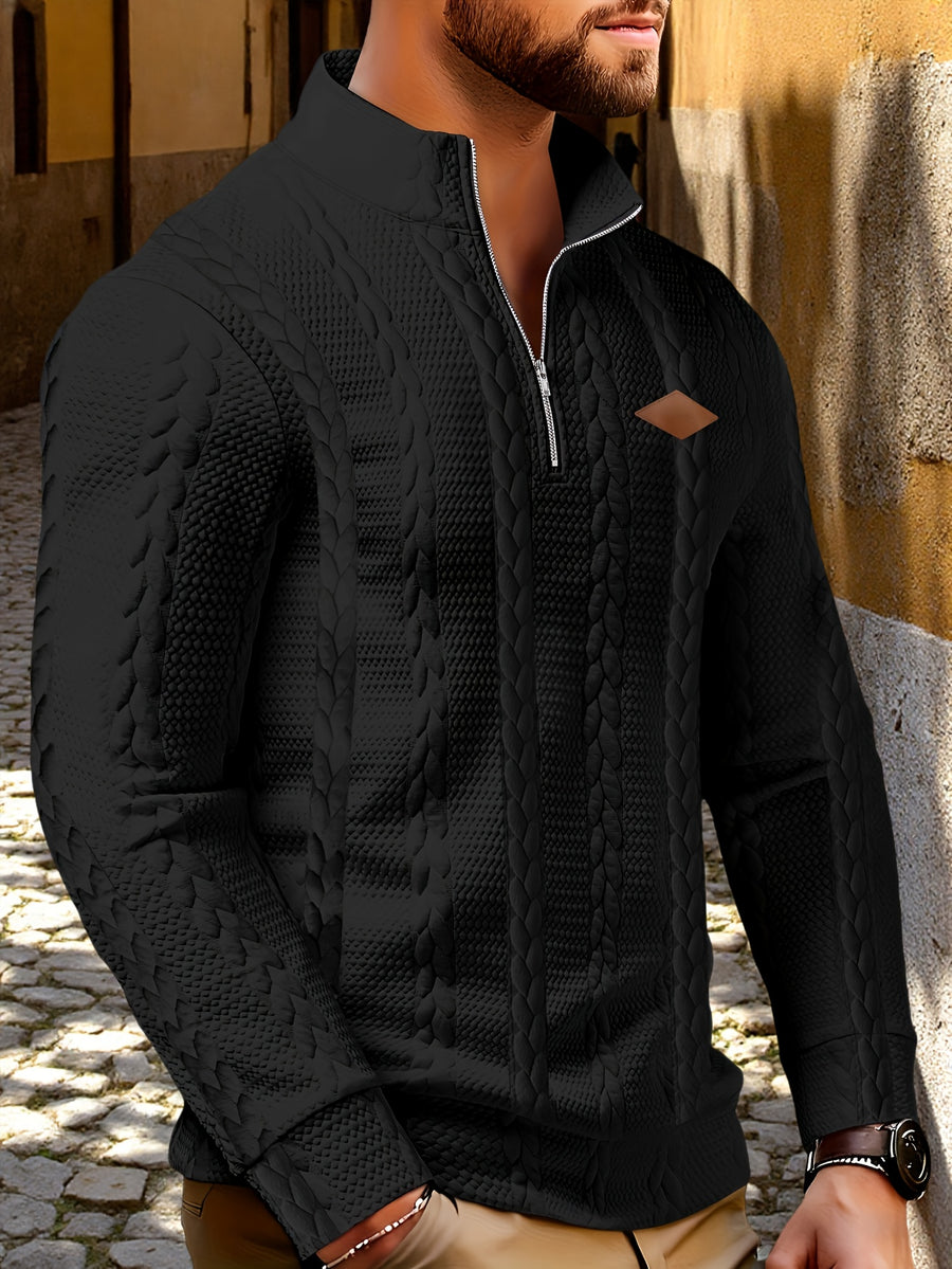 Men'S Casual Polo, Zip-Up Collar Pullover, Men'S Henley Shirt, High-Weight Fabric, Textured Material - Black