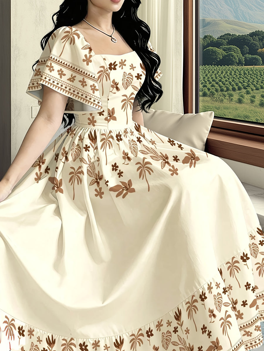 The Summer Floral-Themed Elegant Resort-Style Dress Features a Butterfly Wing Print Design, a Square Neckline And Short Sleeves, Is Equipped with a Waist-Cinching Design, And Has a Moderate Length - Apricot