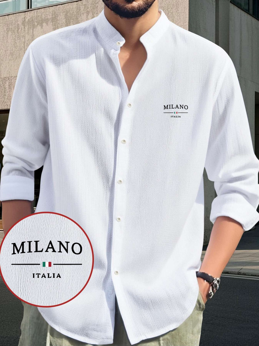 Men's Fashion Comfortable Lightweight Long Sleeve Shirt - Hawaiian Beach, Vacation, Party Wear, Breathable Stand Collar Button-Up Top, Versatile for Daily Wear, Events, and Outings, Milano Italian Print Design, Suitable for Various Occasions Casual - White