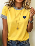 Striped Contrast Print Round Neck Short Sleeve T-Shirt, Women'S Easy Navy Small Heart Print Loose Casual Top - Yellow