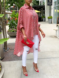 Women'S Striped Print Front Short Back Long Casual Long Sleeve Shirt - Red And White