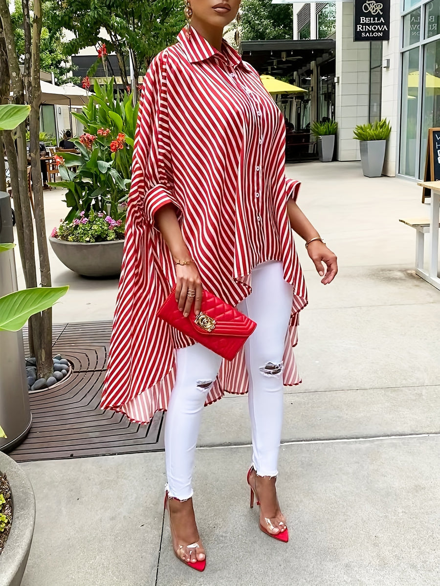 Women'S Striped Print Front Short Back Long Casual Long Sleeve Shirt - Red And White