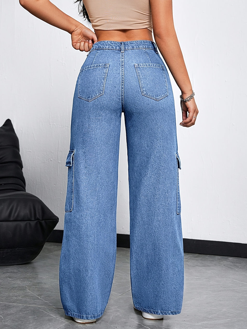 Women'S Slight Stretch Multi-Pocket Baggy Trousers, Individual Decor Natural Wash Craft Straight Wide Cargo Faux Denim, Trendy Street Styledenim - Light Blue