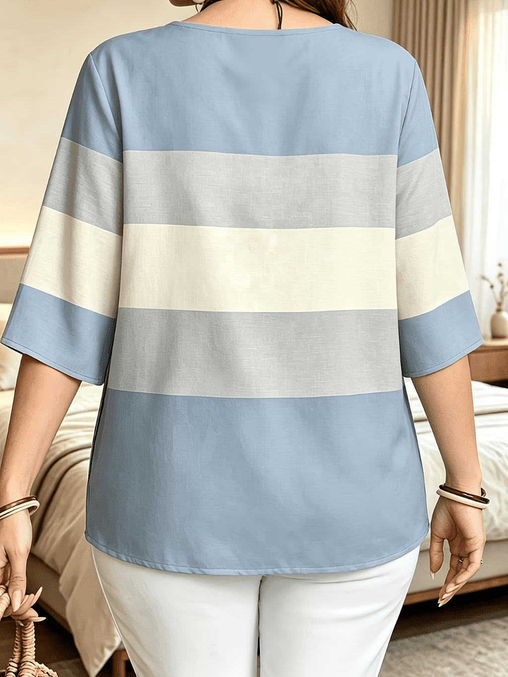 Printed Design – Not Textured. Women's Casual Button-Patch Colorblock V-Neck Three-Quarter Sleeve T-Shirt, a Perfect Gift for. - Mixed Color G