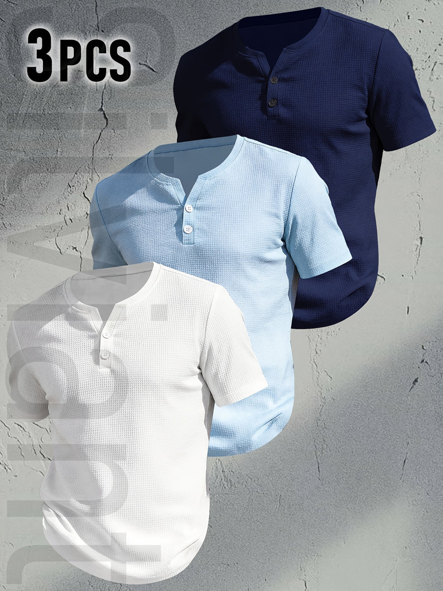 [Josh Mei OBM] 3pcs Men'S Henley Short Sleeve T-Shirt, Breathable Waffle Knit Casual Tee, Button Front Summer Top, Lightweight Solid Color Round Neck, Machine Washable for Daily Wear - Mixed Color 4
