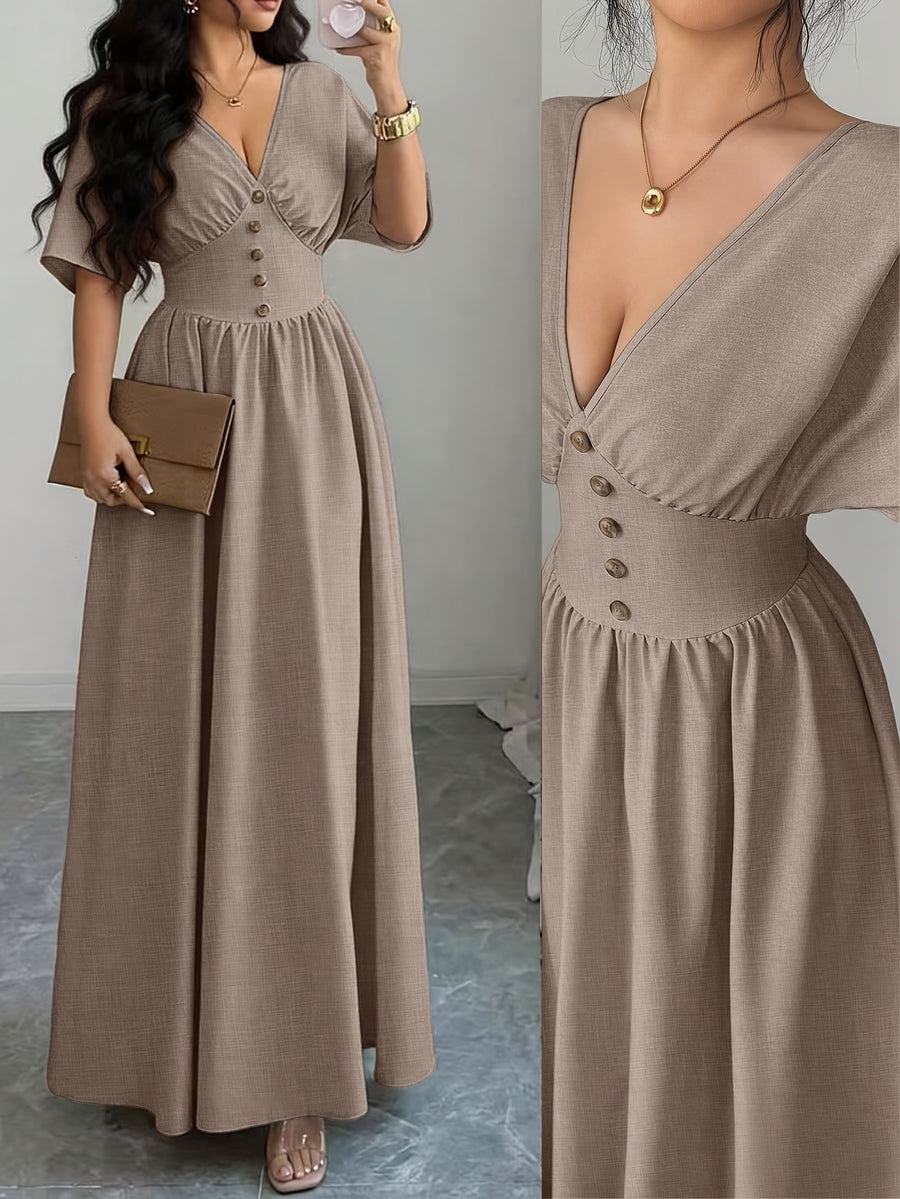 Elegant Women's Long Summer Dress - Khaki